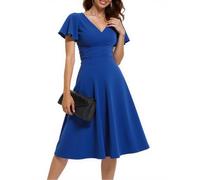 Fynadressr Womens Formal Cocktail Wedding Guest Dresses Formal V-Neck Dress Short Sleeve Ruched Wrap A Line Midi Ladies Dress with Belt Royal Blue M