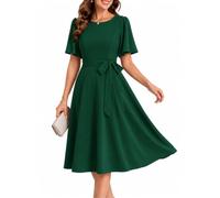 Fynadressr Women's Wedding Guest Dress A Line Short Sleeve Dark Green L
