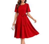 Fynadressr Women's Wedding Guest Dress A Line Short Sleeve Red L