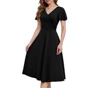 Fynadressr Womens Wedding Guest Formal Cocktail Dress Wrap V Neck Short Sleeve Ruched A Line Belt Midi Dresses Black L