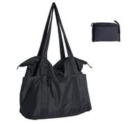 Fynarzel Foldable Lightweight Tote Bag Nylon for Travel Duffel,Polyester Packable Totes with Zipper, 23-28L Collapsible Compact Large for Women and Men,Black, Black, 25L