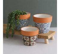 Fyne-Finds 14cm Tiled Pattern Plant Pots Mandala Geometric Italian Tile Pots with Terracotta Rim Indoor Assorted Colour Sent