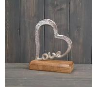 Fyne-Finds Aluminium Silver Heart with Love Wooden Base Sculpture Shelf Sitter Table Decor Ornament Gift