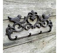 Fyne-Finds Cast Iron Love Birds 4 Hooks Coat Key Hat Hanger Brown Rustic Wall Mounted Hook
