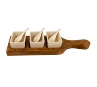 Fyne-Finds Ceramic Cream Bowls & Spoons Brown Wooden Tray Snack Dipping Appetizer Tapas Serving Set