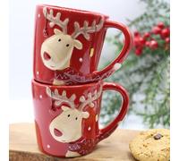 Fyne-Finds Ceramic Red Reindeer Mug 300ml Coffee Tea Cup Christmas Novelty Table Decor Xmas Gift (Set of 2)