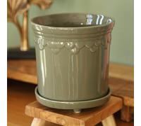 Fyne-Finds Ceramic Sage Green Plant Pot Raised Saucer Scalloped Edge Glazed Garden Planter Outdoor Home WeatherProof DrainageHoles (Large)