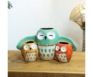 Fyne-Finds Ceramic Triple Owl Plant Pot 30cm, 12inch Bird Shaped Planter Rustic Distressed Finish Ornament Home Garden Decor Gift