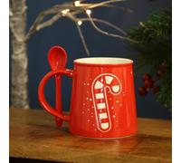 Fyne-Finds Christmas Embossed Stoneware Mug with Spoon Tea Coffee Cup Festive Xmas Home Tea & Coffee Cup Holiday Drinkware (Red)