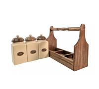 Fyne-Finds Cream Ceramic Large Coffee Tea Sugar Jars with Airtight Lids Brown Wooden Rack Kitchen Canisters Set