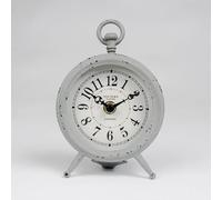 Fyne-Finds Grey Metal Mantel Analogue Clock Rustic Shabby Chic Distressed Ring Handle Table Top Home Decor Office Time Piece