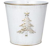 Fyne-Finds Metal Christmas Tree Embossed Plant Pot 15cm, 6inch Tin Pail Planter 1.5L Gold White Decor Xmas Gift (1)