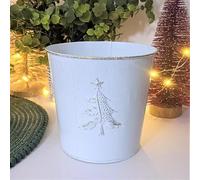 Fyne-Finds Metal Christmas Tree Embossed Plant Pot 20cm, 8inch Tin Pail Planter 3 Liters Gold White Decor Xmas Festive Gift (1)