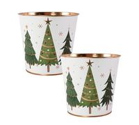 Fyne-Finds Metal White Plant Pot Christmas Trees Stars Design 16cm, 6inch Tin Pail Gold Rim Xmas Festive Planter Home Garden (2)