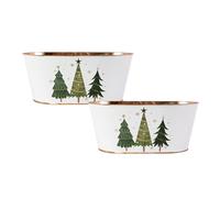 Fyne-Finds Metal White Trough Christmas Plant Pot Trees Stars Design 27cm, 10.5inch Tin Pail Gold Rim Xmas Festive Planter Home (2)