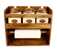 Fyne-Finds Rustic Wooden Kitchen Wall Rack 3 Ceramic Tea Coffee Sugar Jars Paper Roll Holder Dispenser Bar Shelfsitter/Wall Mountable