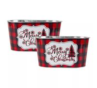 Fyne-Finds Set of 2 Metal Tin Trough 25cm, 10inch Pot Merry Christmas Chequred Festive Gift Xmas Planter