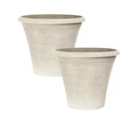Fyne-Finds Set of 2 Plastic April Planters Round Powdered Beige Grey 35cm,14inch Plant Pots 17L Flower Pot Home Garden Decor Pot with Drainage Holes