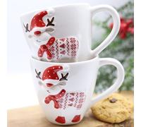 Fyne-Finds Set of 2 Red & White Reindeer Mug 300ml Coffee Tea Cup Christmas Decor Table Novelty Xmas Gift