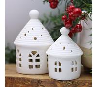 Fyne-Finds Set of 2 Small 8.2cm-Large 10.9cm White Ceramic Warm LED Light Up Round House Christmas Freestanding Ornaments