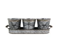 Fyne-Finds Set of 3 Grey Tin Plant Pots in Tray Butterfly Theme Vintage Indoor Outdoor Shelfsitter Metal Planter With Saucer
