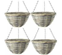 Fyne-Finds Set of 4 Natural Grey Cream Wicker Hanging Deco Basket 30cm,12Inch Lined Willow Planter with Metal Chains