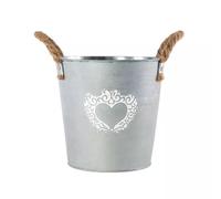 Fyne-Finds Silver Zinc Tin Pail Plant Pot Heart Print Planter With Rope Handles 18cm, 7inch Outdoor Home Garden Bucket (1)