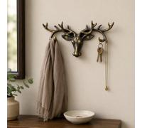 Fyne-Finds Stag Head Wall Hook Bronze Cast Iron 6 Hooks Deer Antler Coat Key Hanger Wall Mounted