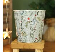 Fyne-Finds Tin Pail Plant Pot Robin Floral Design 16cm,6inch Christmas Metal Planter Xmas Bucket Home (White 1 Piece)