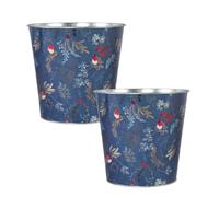 Fyne-Finds Tin Pail Plant Pot Robin Floral Design 16cm,6inch Christmas Metal Planter Xmas Bucket Home (Blue 2 Piece)