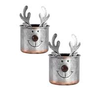 Fyne-Finds Tin Pail Silver Reindeer Plant Pot 20cm, 8inch Rustic Antler Smiling Face Christmas Festive Gift Deer Planter Xmas (2)