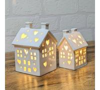 Fyne-Finds Warm LED House White Gloss Ceramic Hut Set Pair Village Scene Heart Cutout Design Christmas Xmas Decor