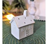Fyne-Finds White Ceramic LED Gold Lining Small House Hut Cottage Lantern With LED Tealight Village Scene Xmas Christmas Decor Ornament