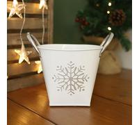 Fyne-Finds Zinc Silver Christmas Snowflake Planter with Handles 15cm,6inch Tin Cover Home Garden Xmas Plant Pot Gift (1)
