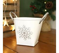 Fyne-Finds Zinc Silver Christmas Snowflake Planter with Handles 17cm,6.5inch Tin Cover Home Garden Xmas Plant Pot Gift (1)