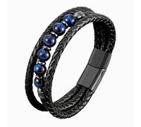 FYNSBLE Black Leather Bracelet for Men,Natural Tiger Eye/Lapis Lazuli/Black Onyx/Malachite Multi-Layer Beaded Braided Leather Bracelet Jewelry Gift for Men Father with Stainless Steel Clasp, 8.26 IN