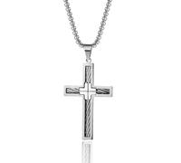 FYNSBLE Cross Necklace for Men,316L Stainless Steel Mens Cross Necklace Cable Design Jesus Cross Necklace Crucifix Necklace White丨Black Pendant Rolo Chain Cross Jewelry for Men, Stainless Steel, No