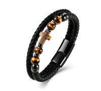 FYNSBLE Mens Bracelet Natural Tiger Eye Handmade Flatbead Stone Bracelet | Gifts for Men Women,Durable Stainless Steel Secure clasp,Not easily broken black cowhide leather bracelet