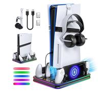 FYOUNG All in One Cooling Stand & Charger Station for PS5/Slim/Pro Console and Controller Charing Dock, Charging Stand for PlayStation Portal, Headset and Remote Holder with RGB Light Stand (Black)