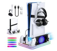 FYOUNG All in One Cooling Stand & Charger Station for PS5/Slim/Pro Console and Controller Charing Dock, Charging Stand for PlayStation Portal, Headset and Remote Holder with RGB Light Stand (White)
