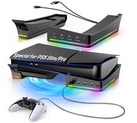 FYOUNG Horizontal Safety Stand for PS5 Pro / PS5 Slim Digital & Disc Edition with 14 RGB lights, Non-Slip Bracket Base Accessories with 4-Port USB Ports - Black