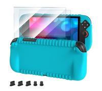 FYOUNG One-Piece Silicone Grip Cover for Nintendo Switch 2(2025) with Screen Protector - 3-in-1 Accessories Bundle - Shock-Absorption Soft Protective Case, 2 Tempered Glass Film, 8 Thumb Grips - Blue