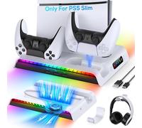FYOUNG RGB Cooling Stand for PS5 Slim Console, Controller Charger Station with 3 Levels Cooling Fan, Accessories for Playstation 5 Slim Digital/Disc with 9 RGB Lights & Headset Holder