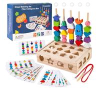 Fyozyon 3 in 1 Montessori Wooden Beads Sequencing Toy Set Color Sorting Stacking Geometric Shape Matching Game Beads Sequencing Toy Lacing Beads Stem Fine Motor Skills for Toddlers