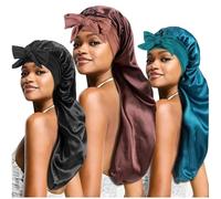 Fyozyon 3-Pack Long Satin Sleep Bonnets for Braids & Locs - Large Silky with Ties, Perfect for Women's Curly Hair Protection During Sleep (Black, Teal, Coffee)
