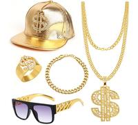 Fyozyon 5-Piece 80s/90s Hip Hop Costume Set: Gold Rapper Hat, Sunglasses, Dollar Sign Pendant Necklaces - Complete Rapper Accessories Kit