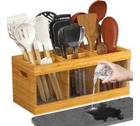 Fyozyon Bamboo Utensil Holder & Silverware Organizer: Extra Large Cooking Holder with Absorbing Drying Stone and 6 Compartments Kitchen (Natural)