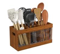 Fyozyon Bamboo Utensil Holder & Silverware Organizer: Extra Large Cooking Holder with Absorbing Drying Stone and 6 Compartments Kitchen (Brown)