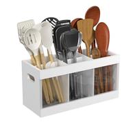 Fyozyon Bamboo Utensil Holder & Silverware Organizer: Extra Large Cooking Holder with Absorbing Drying Stone and 6 Compartments Kitchen (White)