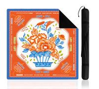 Fyozyon Blue American Mahjong Mat with Rules for Table, No Creases, Ships Rolled, 31.5 x 31.5 Non-Slip Noise Reduction Gaming Mat with Carrying Bag (Orange and Blue,Chinoiserie)